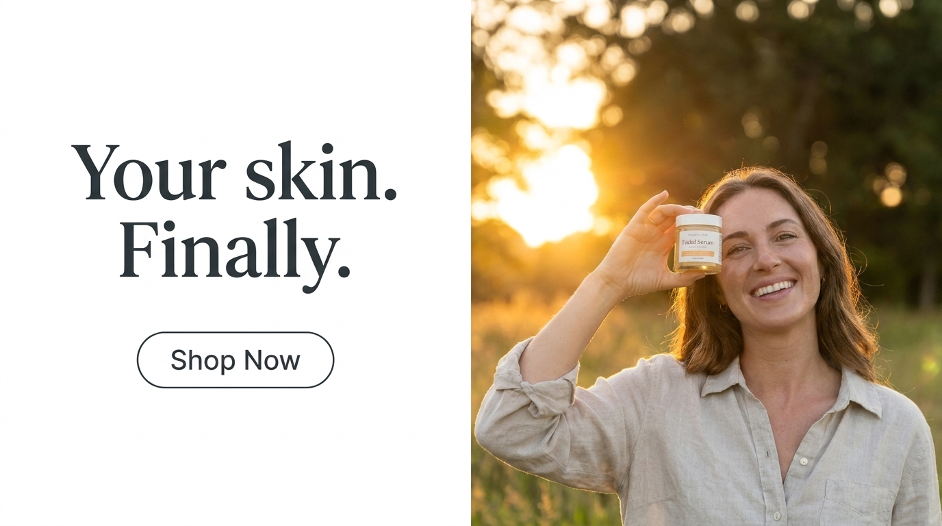 Serum ad with 'Your skin. Finally.' and an outlined Shop Now button on a clean white block left of a golden-hour portrait