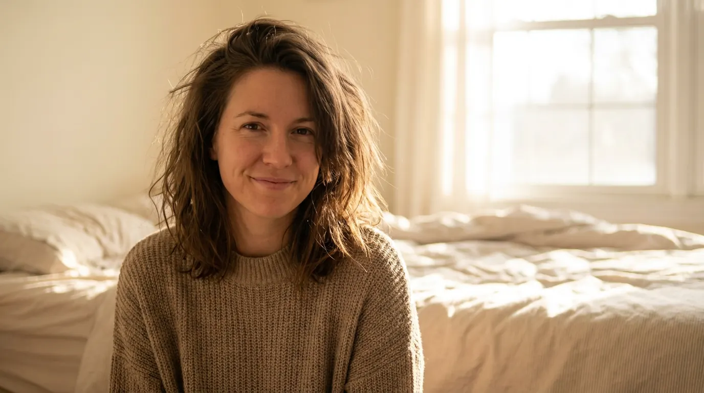 AI portrait of a woman sitting on a bed in morning light with unstyled, sleep-flattened hair