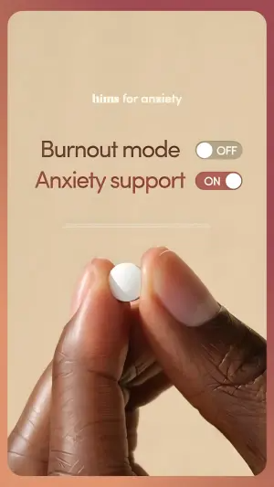 ad showing a hand holding a pill with Burnout mode toggled off and Anxiety support toggled on