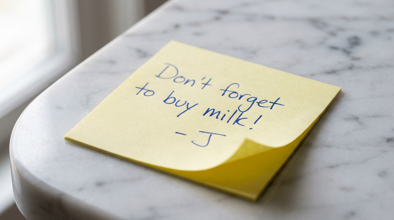 Yellow Post-it note on a marble counter reading 'Don't forget to buy milk! - J' in uneven blue ballpoint with a curled corner