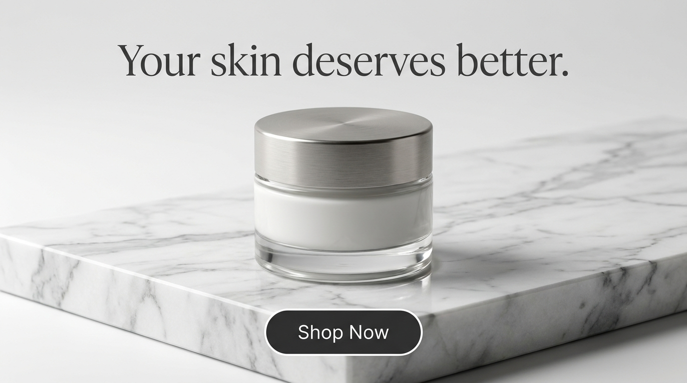 Same skincare ad with a near-black 'Shop Now' pill button in high contrast, placed cleanly on the marble slab below the jar
