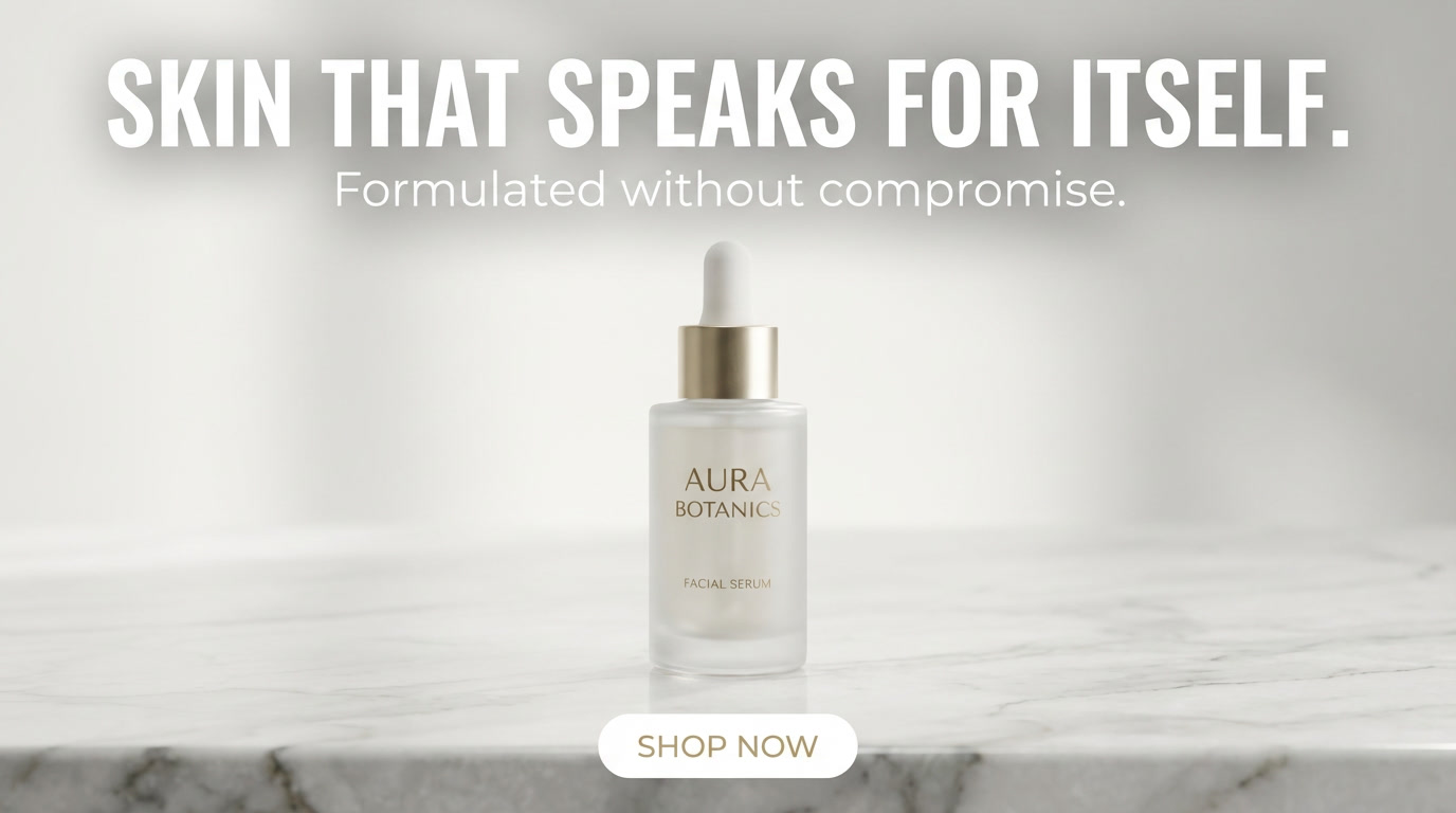 Finished serum ad with a bold all-caps headline, a smaller subhead and a pill 'SHOP NOW' button at clear relative sizes