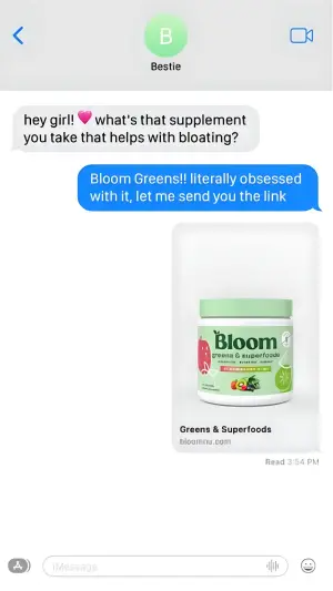 fake text message ad mimicking an iMessage conversation recommending a greens supplement