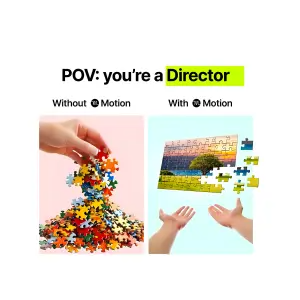 metaphor before-after ad comparing a chaotic pile of falling jigsaw pieces with a perfectly assembled floating puzzle