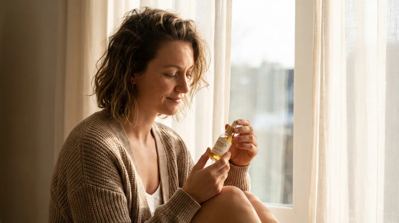 AI portrait of a woman by a window looking down at a serum bottle in her hands