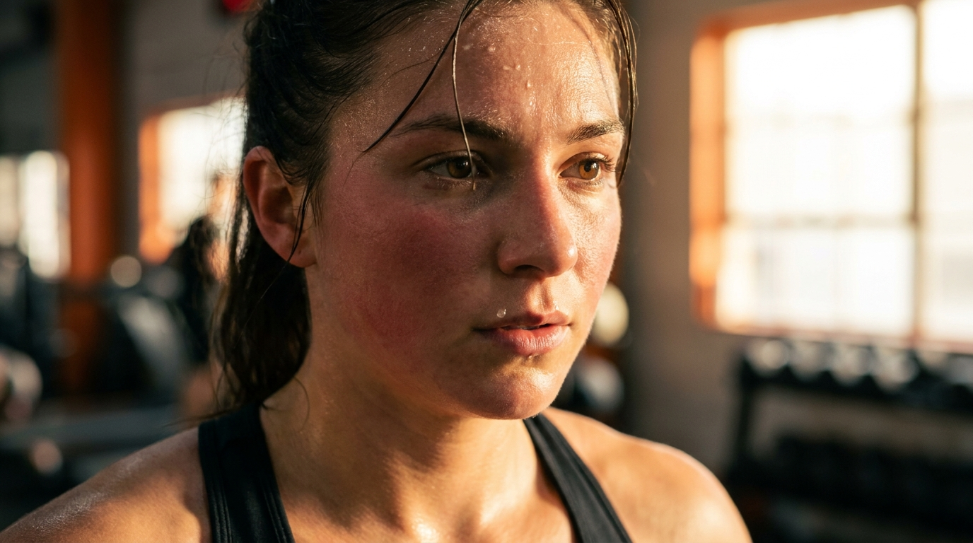 Close-up of a woman in a gym with sweat beading on her forehead, damp hair stuck to her temple and a droplet on her upper lip
