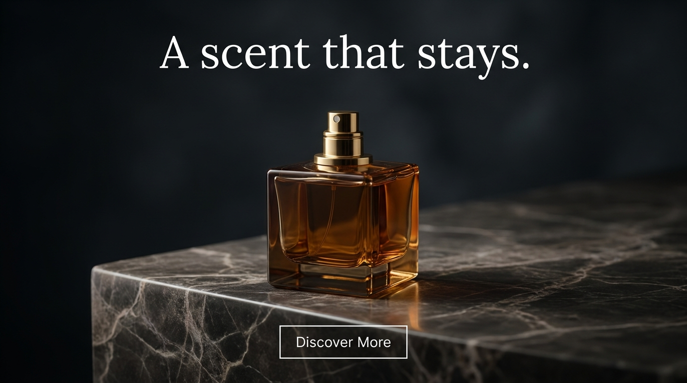 Dark perfume ad headlined 'A scent that stays.' with a thin-outlined 'Discover More' ghost button on dark marble