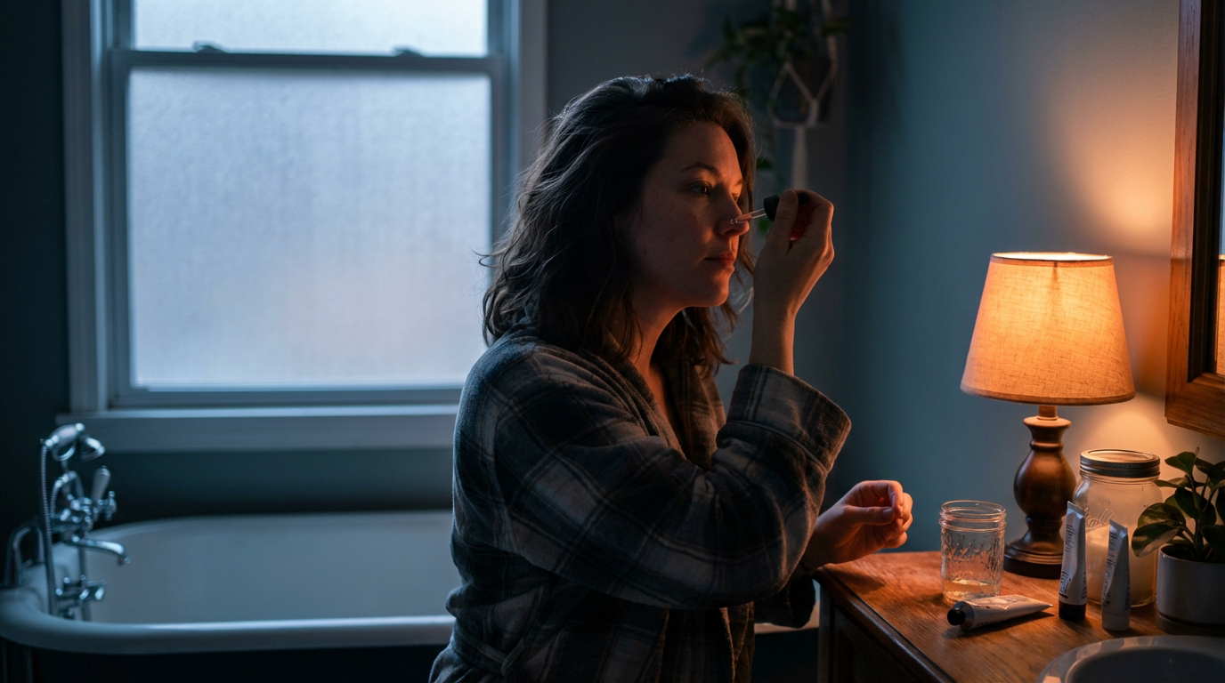 Woman applying serum in a bathroom lit by a warm lamp on the right and cool window light on the left
