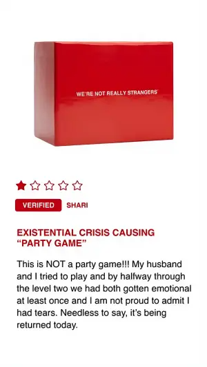 Testimonial ad with a red product box above an ironic one-star verified review used as the hook