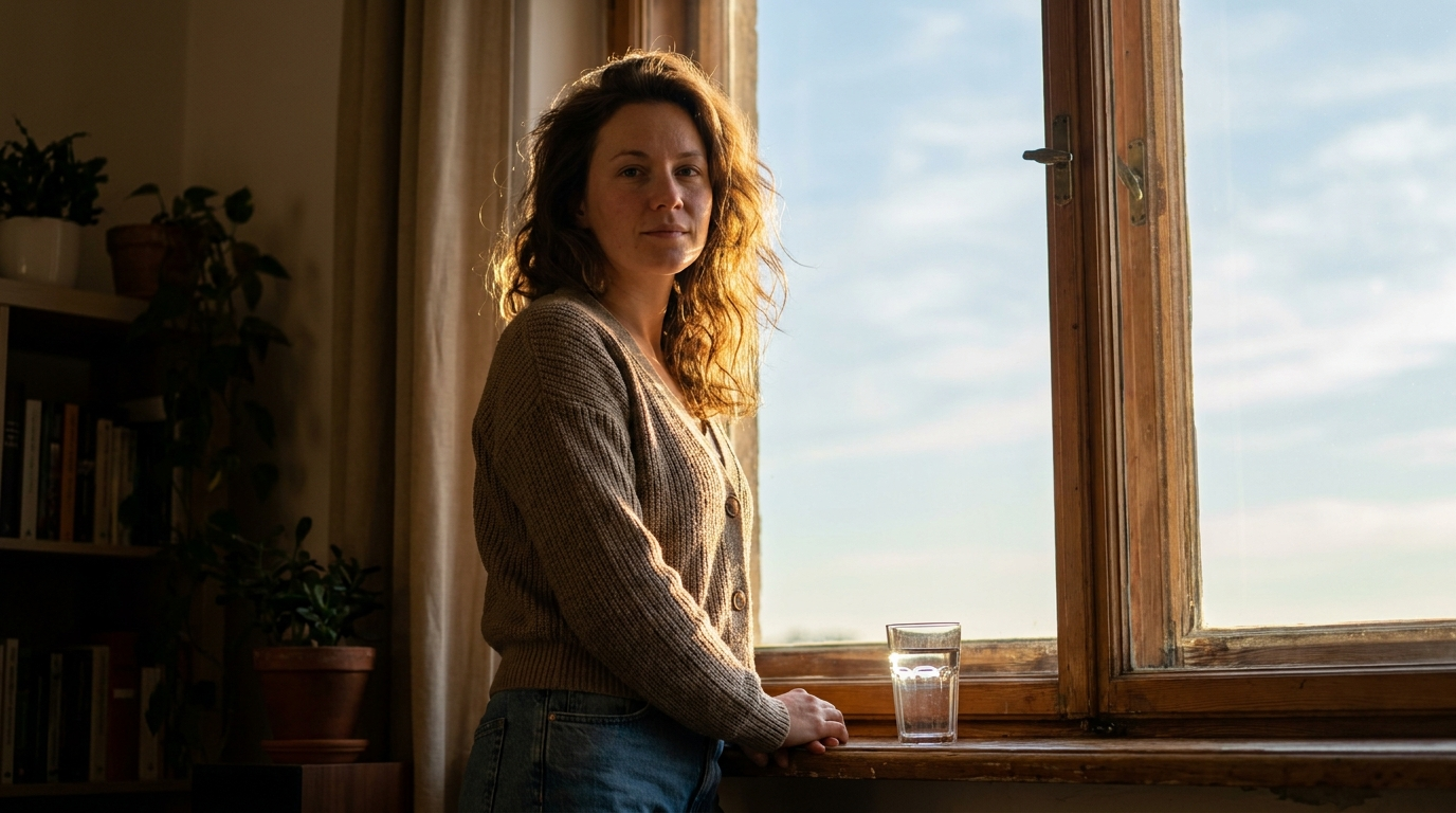 Woman in a brown cardigan by a window in a warm interior with a glass of water catching sharp sunlight, balancing blown window, near-clipped rim and textured shadows