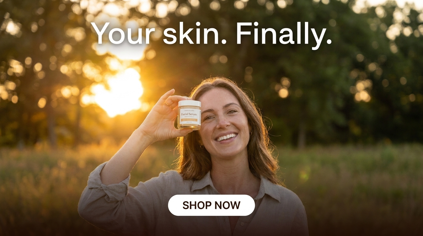 Golden-hour serum ad with white headline 'Your skin. Finally.' over a darkened upper band of a sunlit field scene