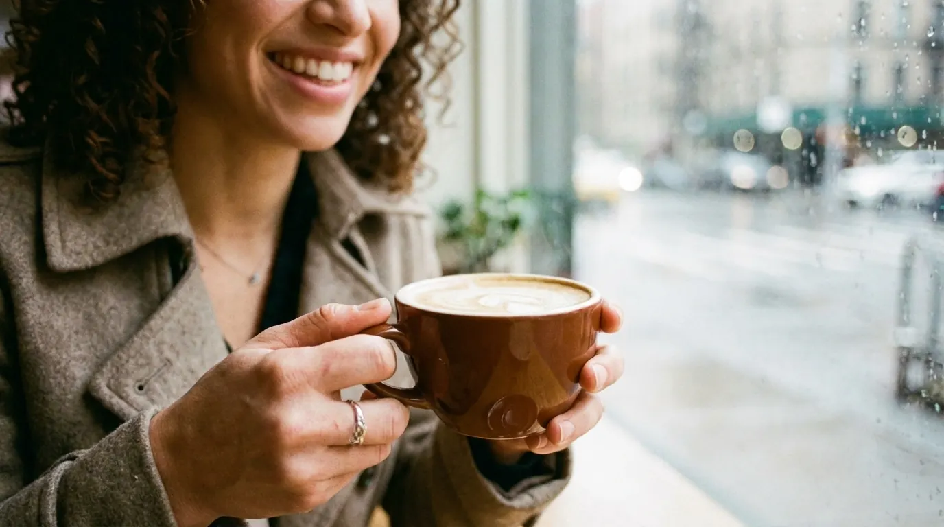Tight close-up of two hands cradling a brown latte cup, background street reduced to soft blur