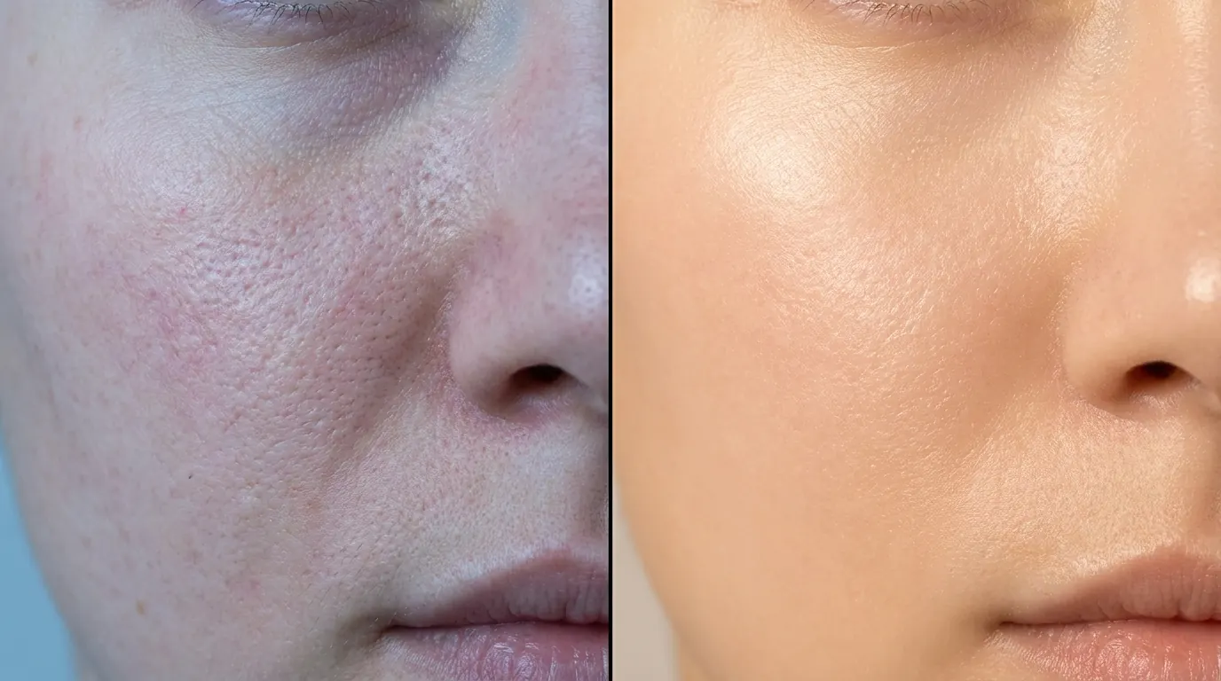 Skincare ad using a hard 50/50 vertical split: textured skin on the left, smooth skin on the right