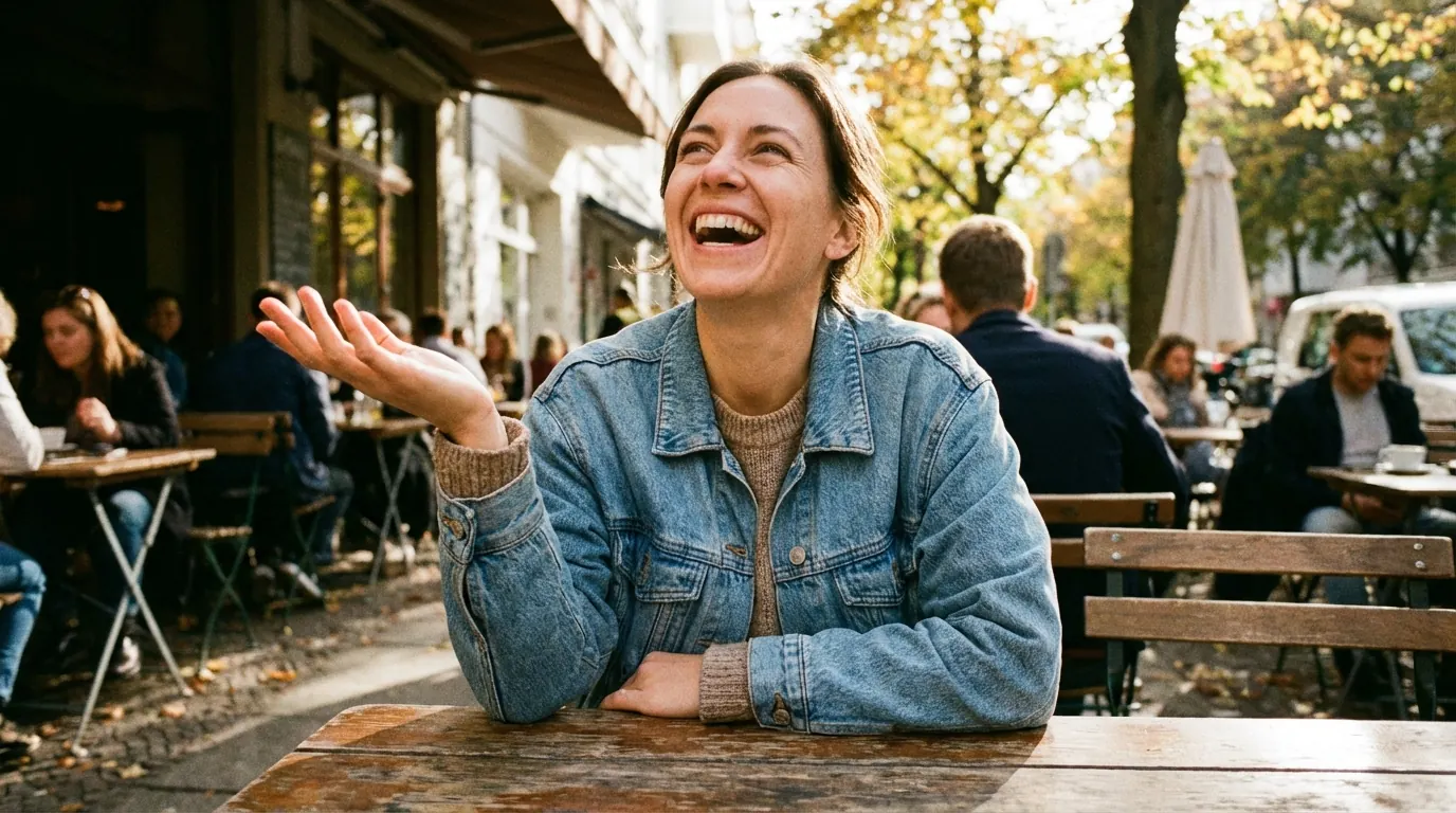 Woman in a denim jacket laughing with one hand raised mid-gesture at an outdoor café table