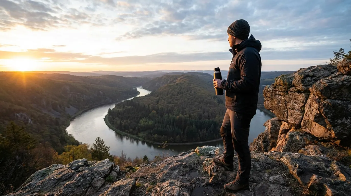 Man standing small on a rocky clifftop at sunrise holding a thermos, overlooking a river bend and forested valley