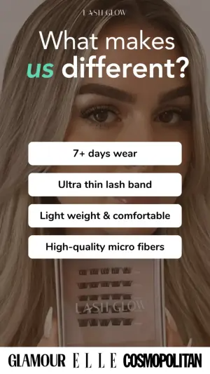 button select ad over a close-up lash photo with four white feature buttons and press logos at the bottom