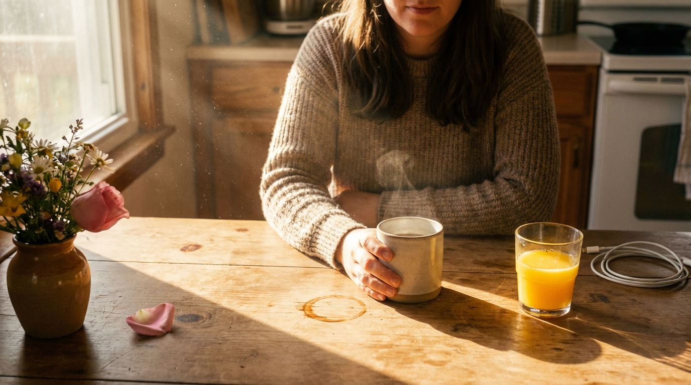 Woman holding a steaming mug at a sunlit wooden kitchen table with a coffee ring, a fallen petal, a glass of juice and a charging cable in frame