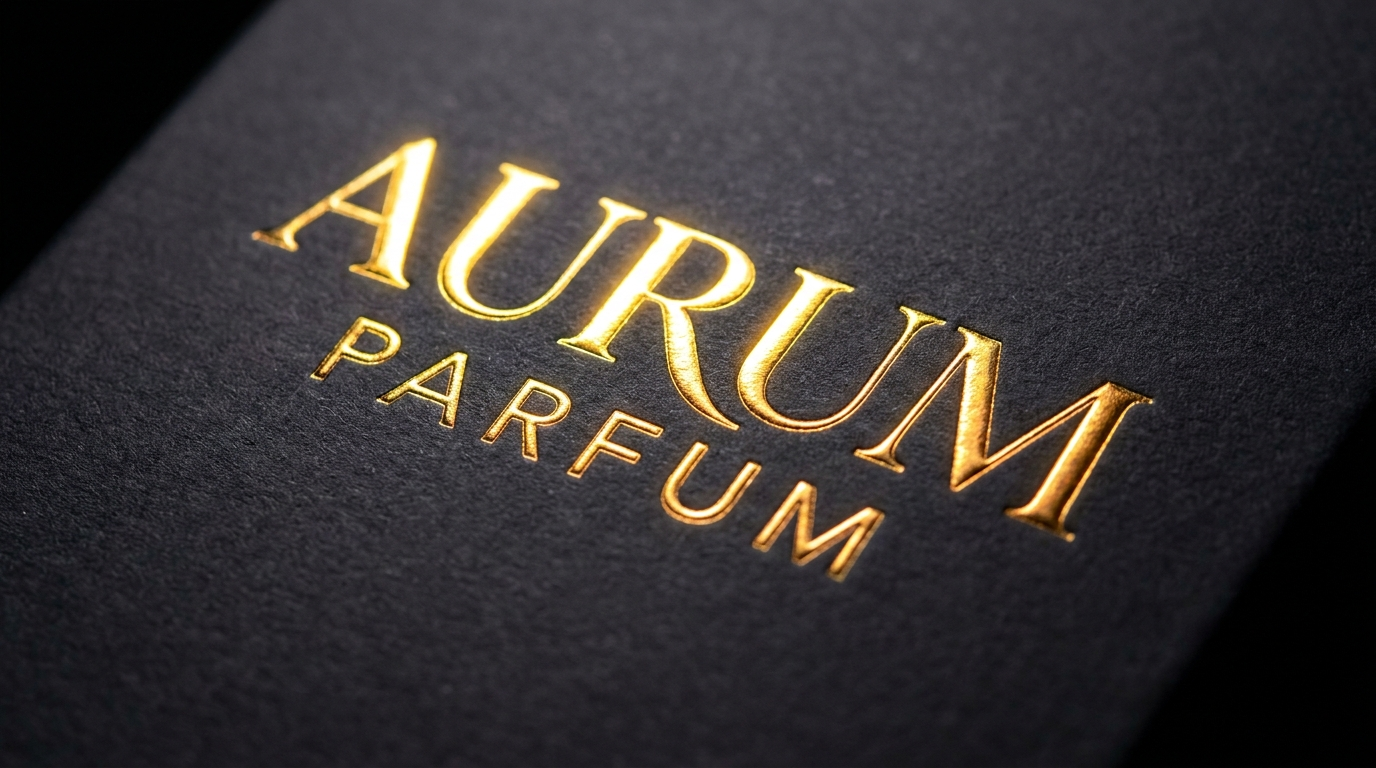 Gold foil-stamped serif logo embossed on a black textured perfume box with bright highlights along the raised edges