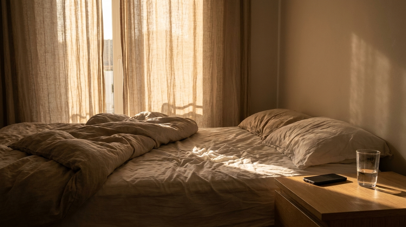 Rumpled unmade bed in warm morning sunlight with linen curtains, a phone face-down and a half-empty water glass on the nightstand