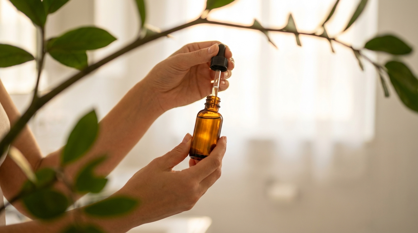 Hands opening an amber dropper bottle with a blurred green leafy branch framing the left side of the frame