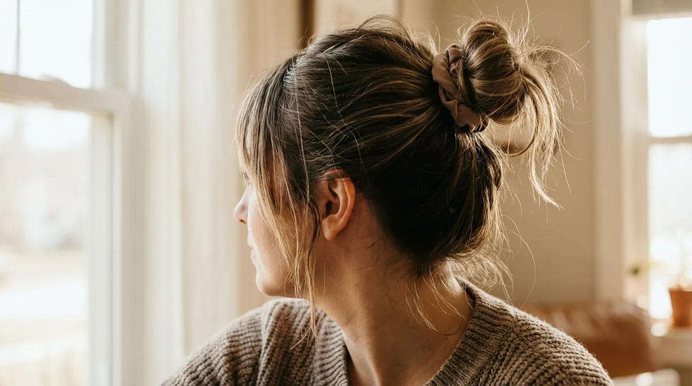 AI portrait from behind showing a loose messy bun with a visible scrunchie and strands at the nape