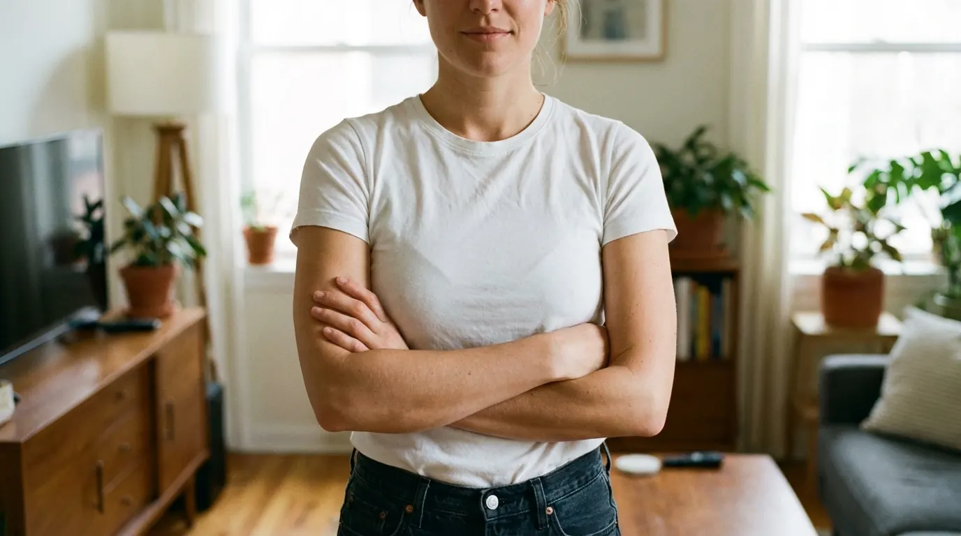 Woman with crossed arms in a fitted white t-shirt showing diagonal tension lines across the torso