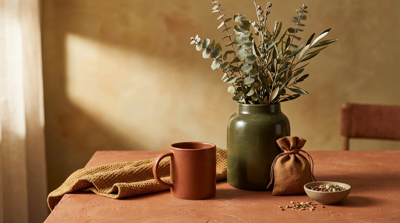 Terracotta mug, olive ceramic vase and linen pouch on a warm clay table with eucalyptus, no cool tones in the frame