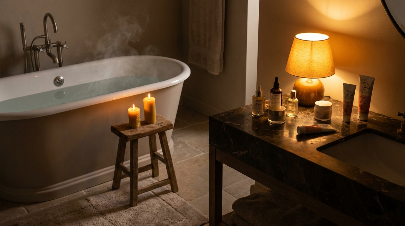 Dim candlelit bathroom with a steaming freestanding bath, warm table lamp and skincare bottles on a dark marble vanity