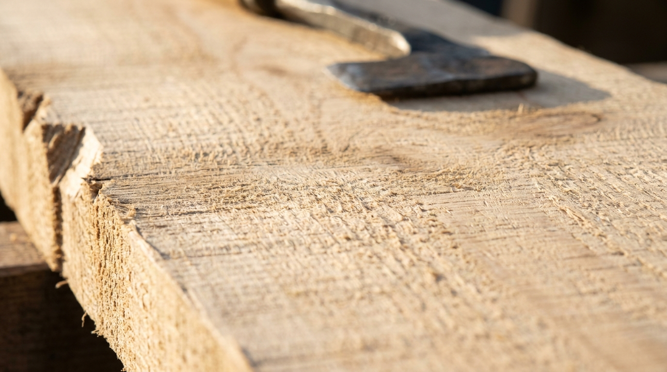 Close-up of a rough-sawn pale wooden board with visible saw marks, fibrous fuzz and a splintered edge in raking sunlight