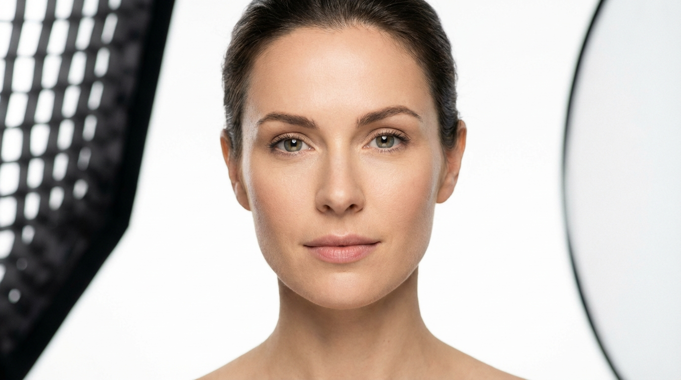 Beauty portrait with a gridded softbox at left and a round reflector at right lifting the shadow side