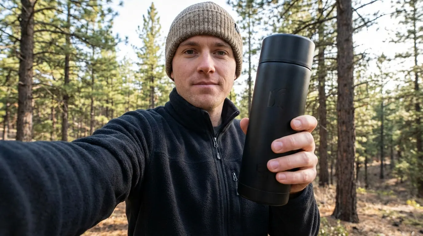 Man in a beanie taking a handheld selfie in a pine forest while holding a matte-black thermos toward the lens