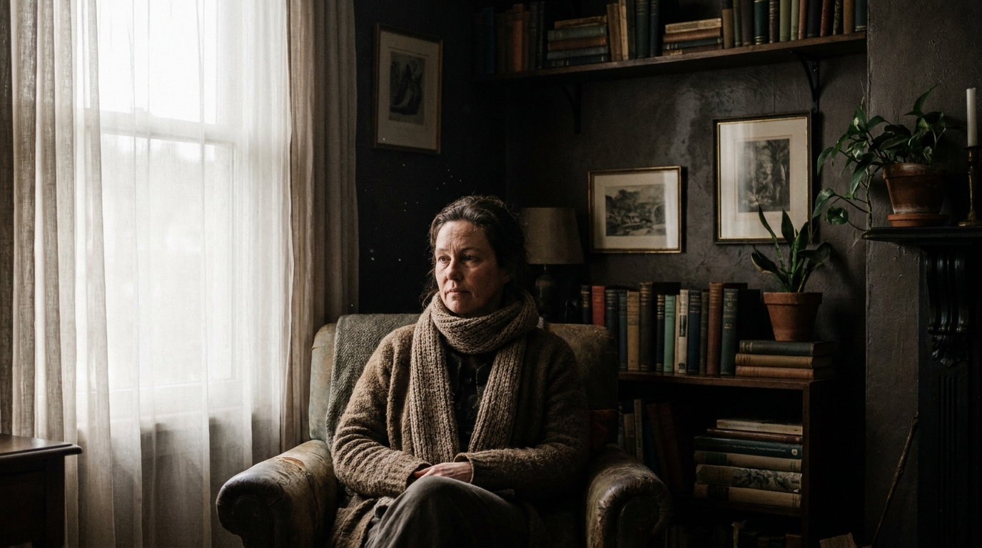 Woman sitting in a dark room full of books and plants where the deep shadows still hold visible texture and form