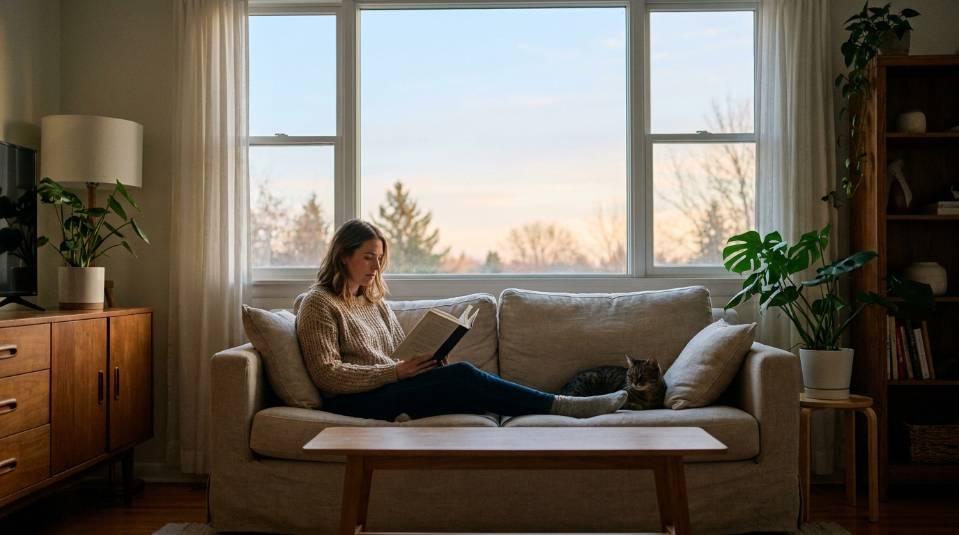 Woman reading on a sofa in front of a large window, the room correctly exposed while the window behind her blows to near-white