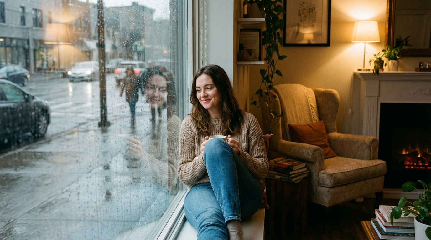 Woman with a mug sitting on a window seat in a warm lamplit room, rain running down the glass with a grey wet street beyond