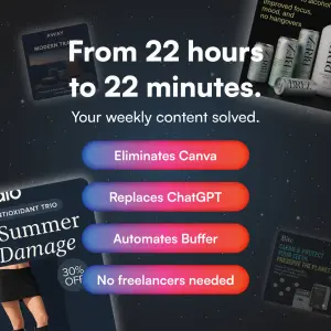Dark starry ad with a stack of gradient pill buttons listing tools the product replaces