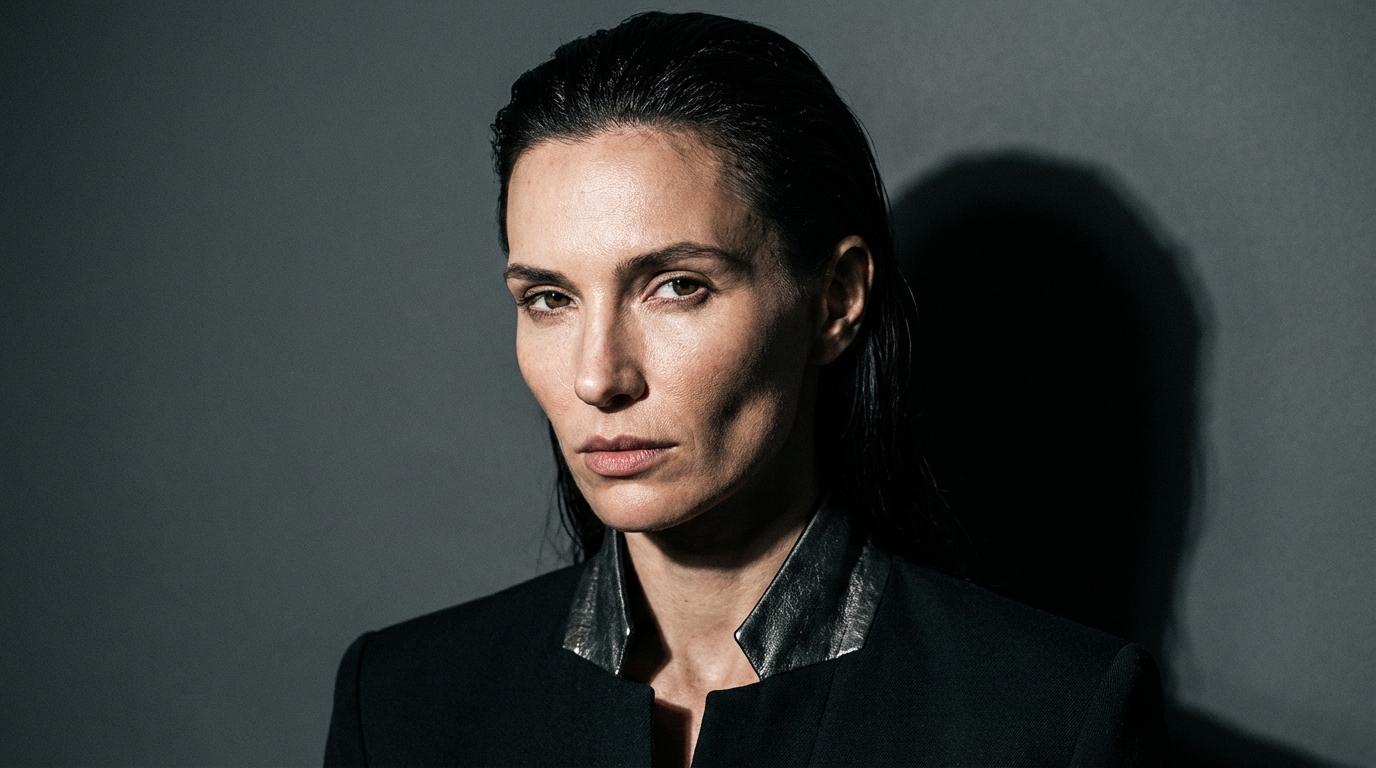 Editorial portrait lit by undiffused light with a hard-edged shadow cast on the wall behind