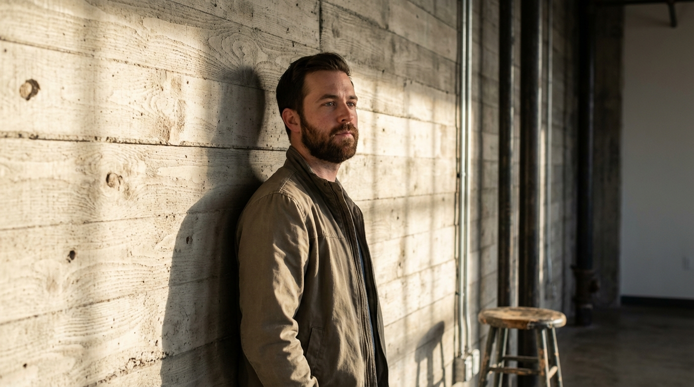 Bearded man in a khaki jacket leaning against a board-formed concrete wall in hard raking daylight