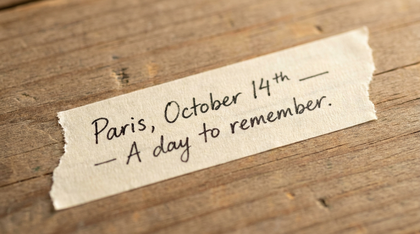 Strip of washi tape on weathered wood handwritten with 'Paris, October 14th - A day to remember.' with torn translucent ends
