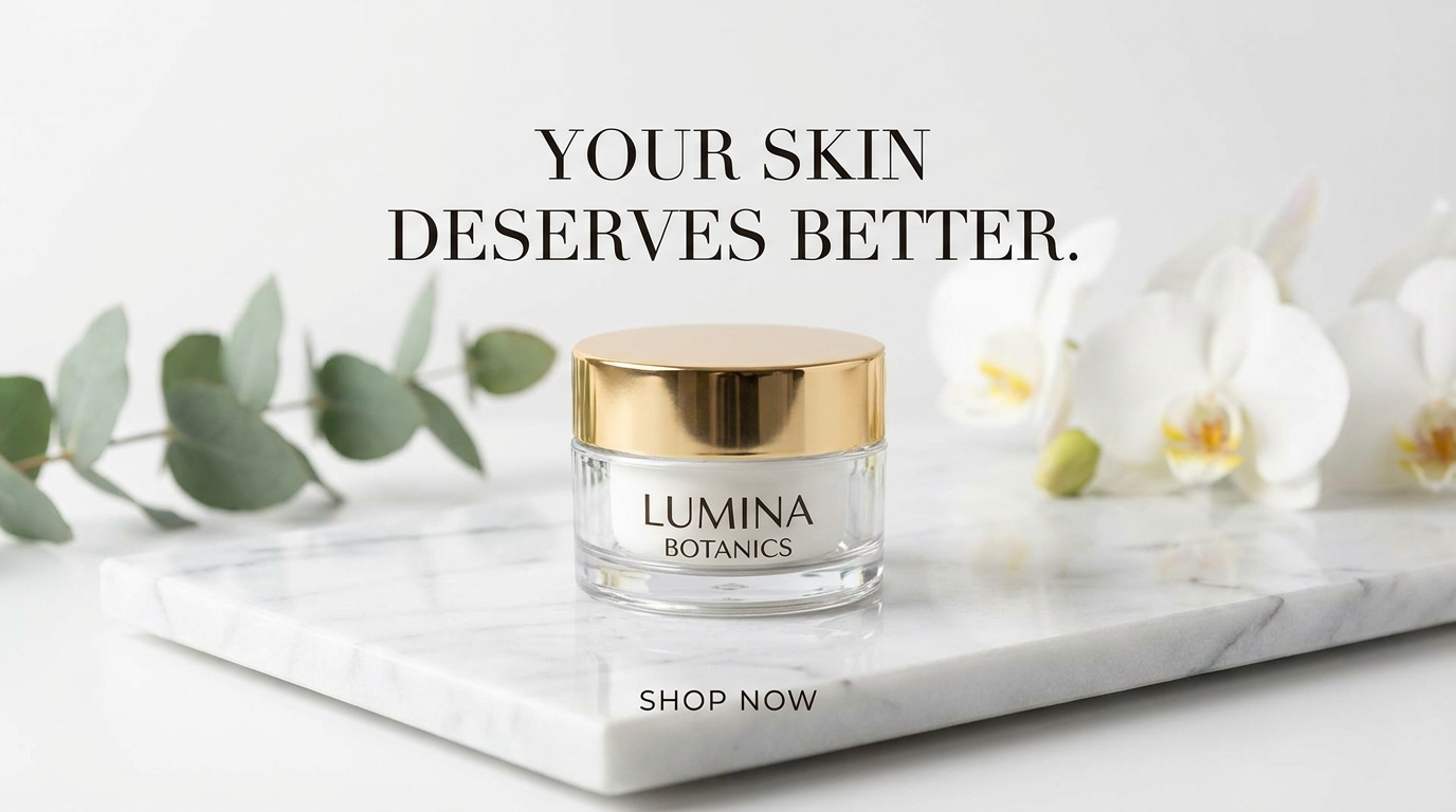 Lumina Botanics cream jar ad headlined 'YOUR SKIN DESERVES BETTER.' with 'SHOP NOW' as small bare text and no button container