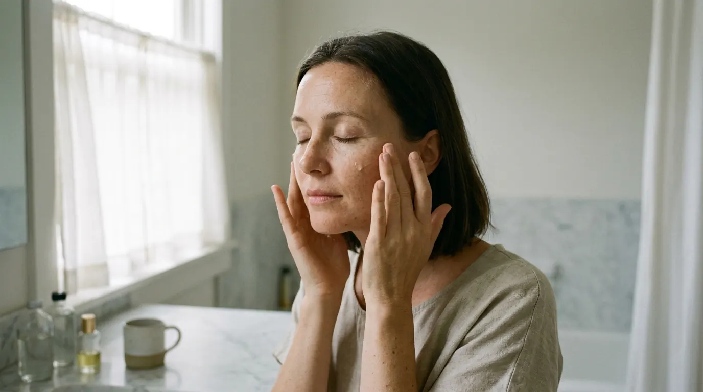 Woman in her thirties applying face serum with fingertips in a bright bathroom lit by soft window light