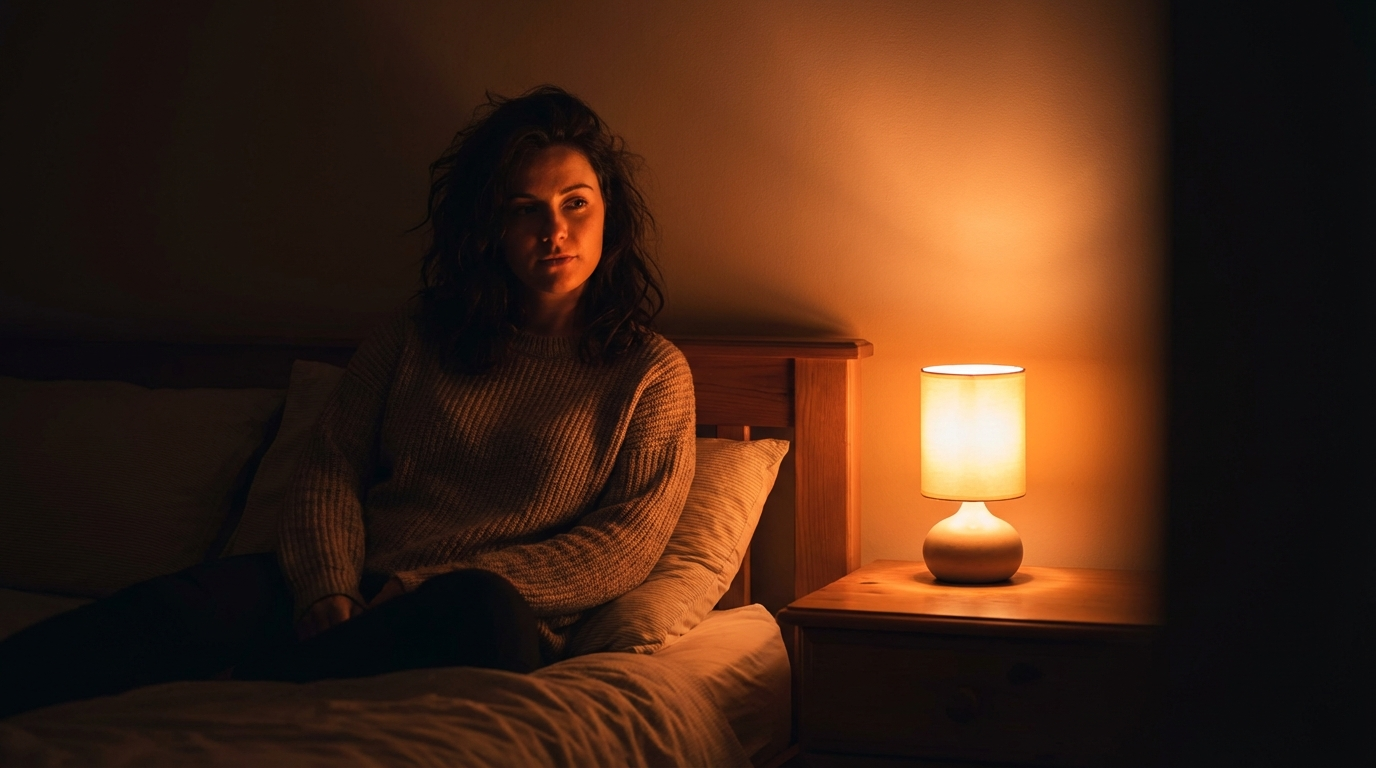 Woman sitting on a bed in a dim room lit only by a warm amber bedside lamp