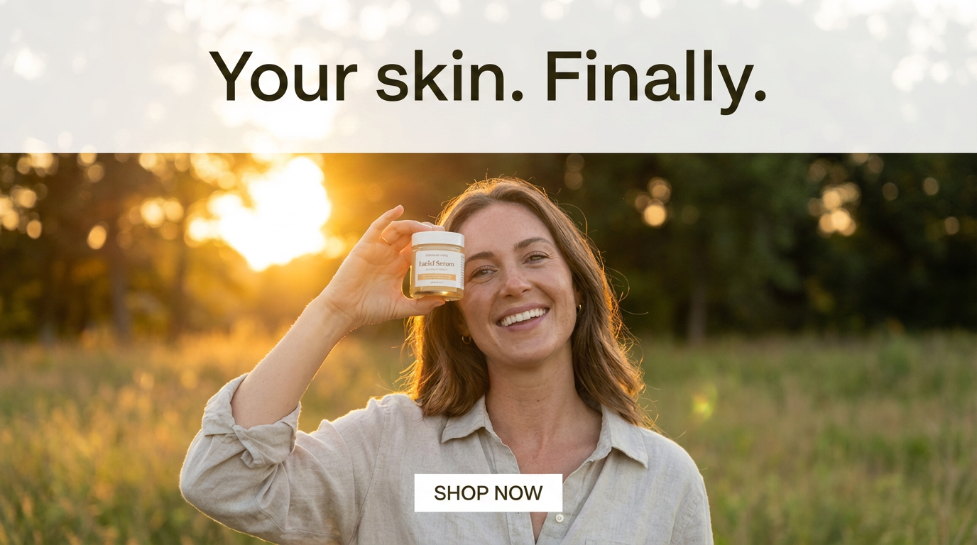 Lifestyle serum ad with a pale translucent band across the top holding the dark headline 'Your skin. Finally.'