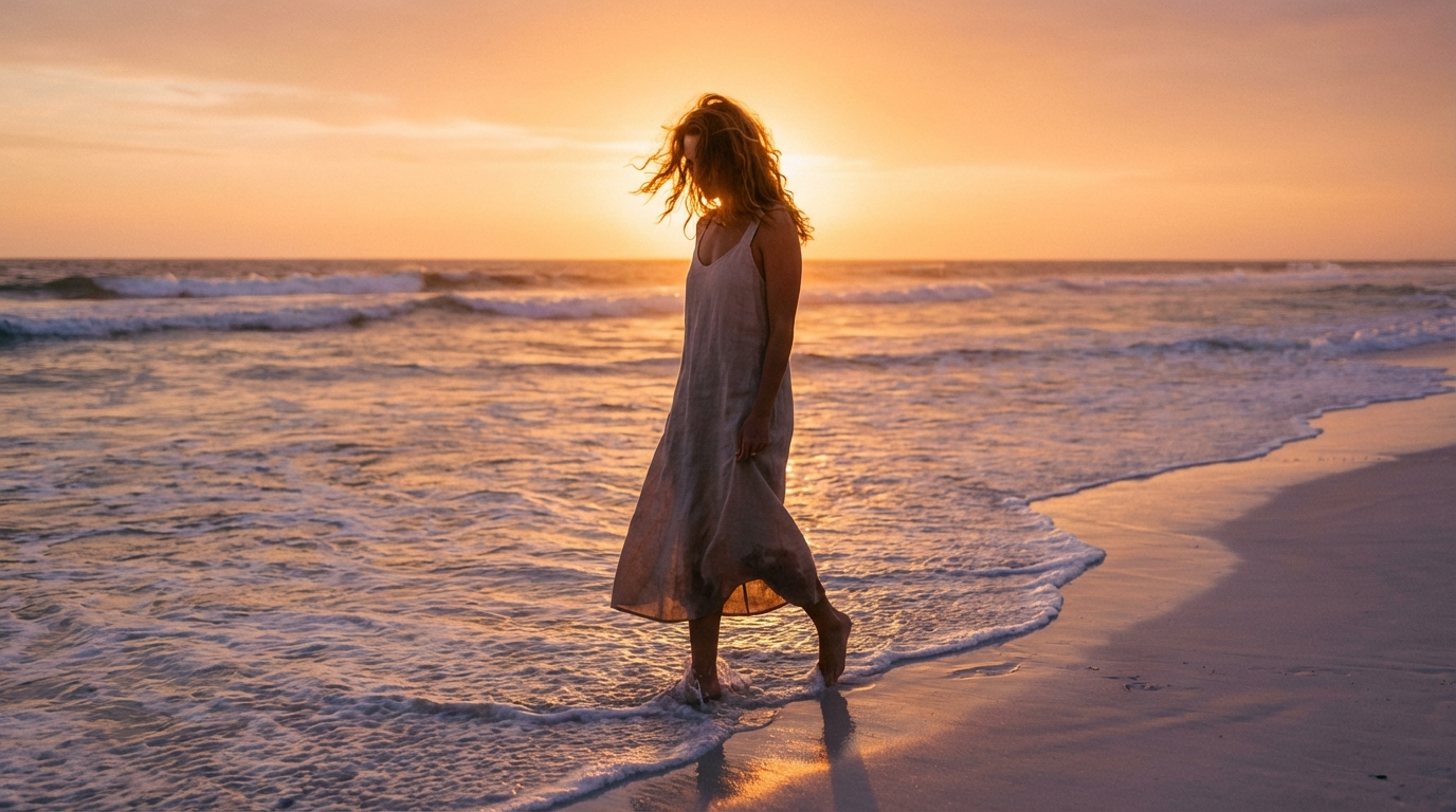 Woman in a linen dress walking the shoreline at golden hour with wet sand reflecting the warm sky