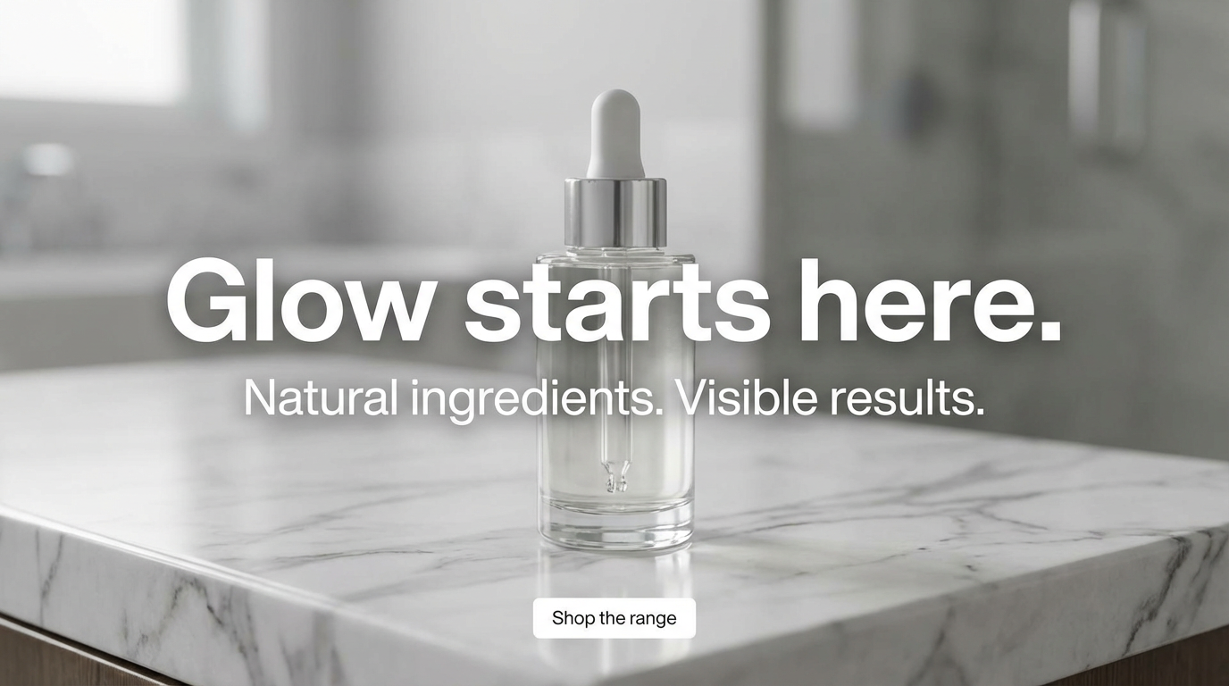Skincare ad with a huge 'Glow starts here.' headline, a smaller subhead beneath and a small white 'Shop the range' button
