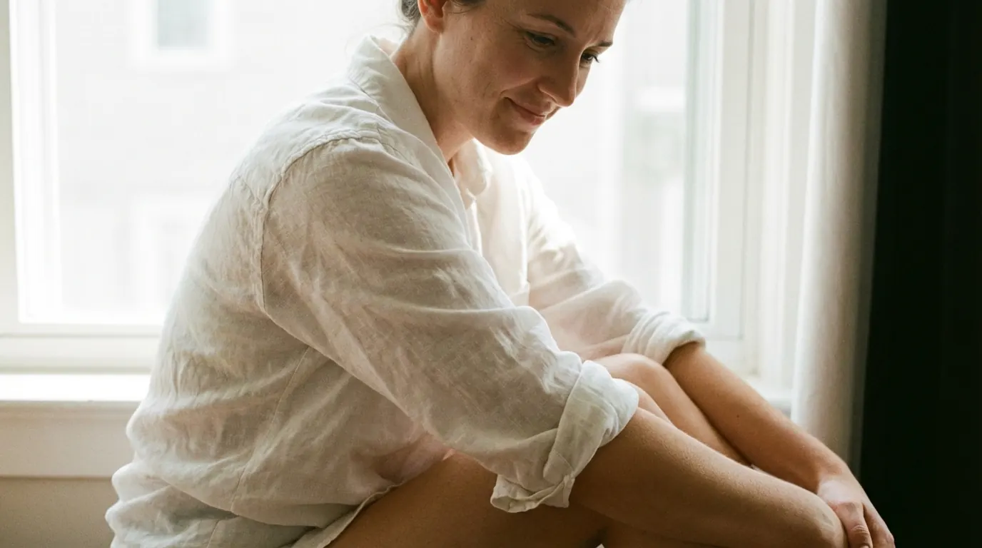 Woman in a linen shirt with fabric bunching at the inner elbow and waist in window light