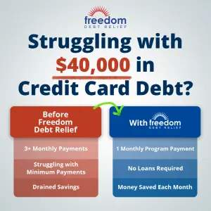 data contrast before-after ad with a highlighted debt figure above red problem columns and blue solution columns joined by a hand-drawn green arrow