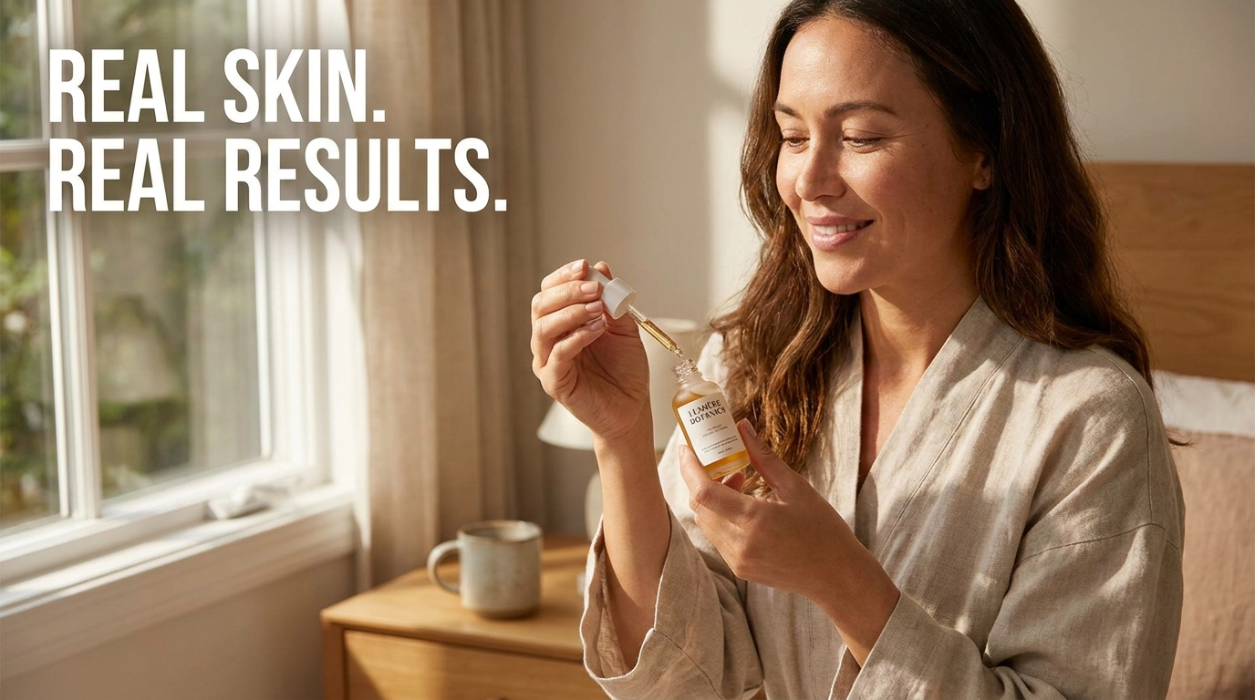 Lifestyle skincare ad with 'REAL SKIN. REAL RESULTS.' set in a heavy condensed all-caps sans in the upper left