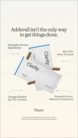 off-white ad with a prescription-drug comparison headline, two floating sachets and capsules with four dotted corner callouts