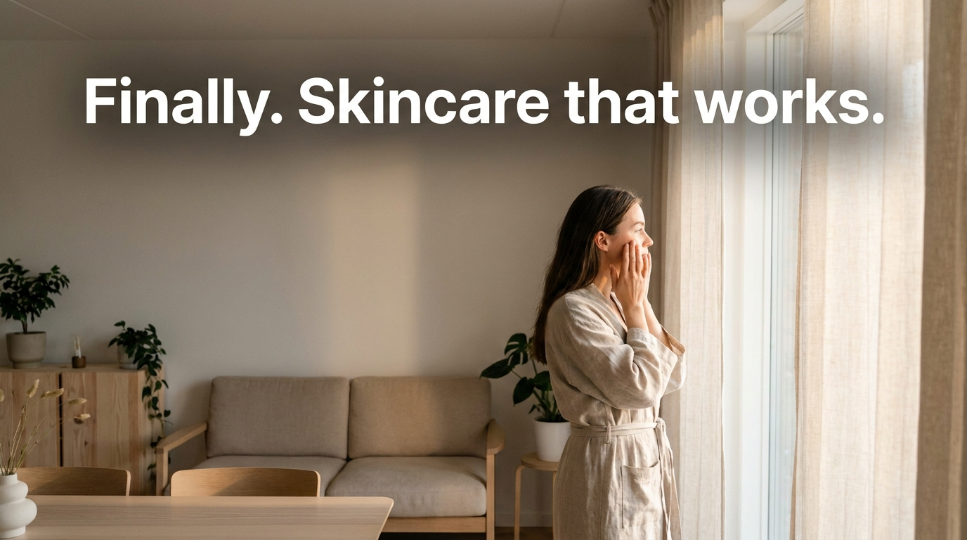 Lifestyle skincare ad with the white headline 'Finally. Skincare that works.' set over a darkened upper band of a warm living-room scene