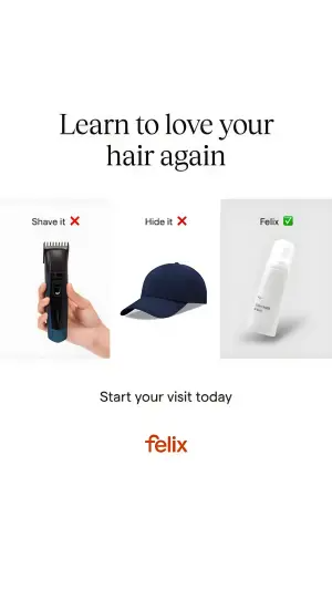 triptych ad comparing hair clippers and a baseball cap marked with red crosses against a white product tube marked with a green checkmark
